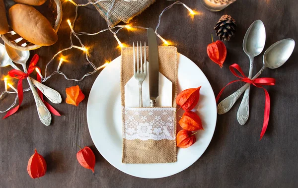 Thanksgiving Dinner Family Table Setting Autumn Style — Stock Photo, Image