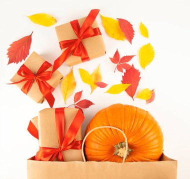 Taze balkabaklı kağıt torba, sonbahar yapraklı hediye kutuları. Cadılar Bayramı ya da Şükran Günü alışverişi. Sonbahar konsepti. Düz yatıyordu. Boşluğu kopyala.