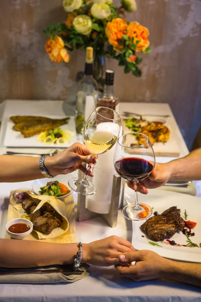 Served Table Dishes Meat Chicken Fish Wine Whiskey Romantic Dinner — Stock Photo, Image