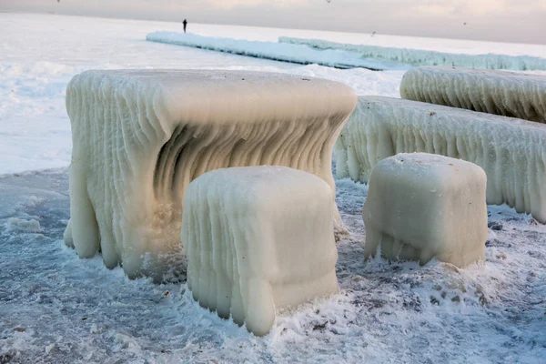 Catastrophe Naturelle Hivernale Glace Promenade Maritime Après Tempête Hivernale — Photo