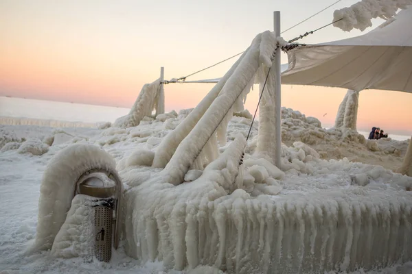 Catastrophe Naturelle Hivernale Glace Promenade Maritime Après Tempête Hivernale — Photo