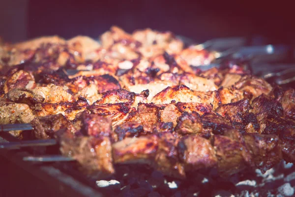 Gros Plan Sur Barbecue Kebab Frit Viande Porc — Photo