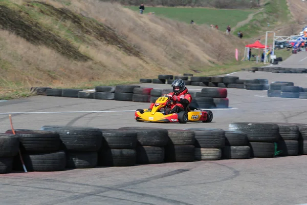 Odessa Ukraine Abril 2017 Campeonato Karting Pilotos Kart Capacete Terno — Fotografia de Stock