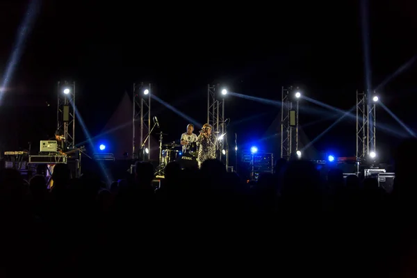 Silhouettes Concert Crowd Front Bright Stage Lights Outdoor Festival Night — Stock Photo, Image