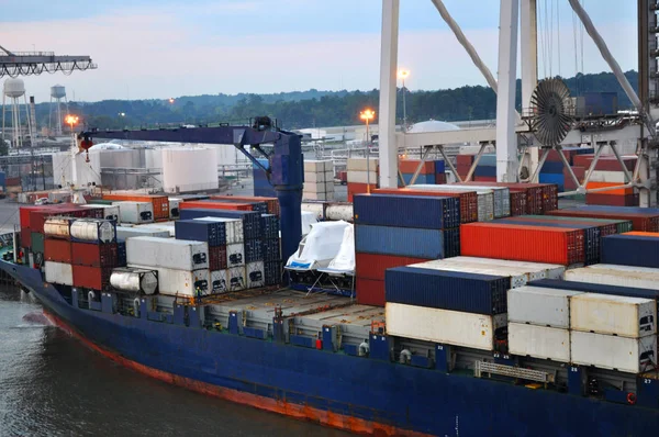 Containerschiff Bei Der Verladung Hafen Containerterminal — Stockfoto