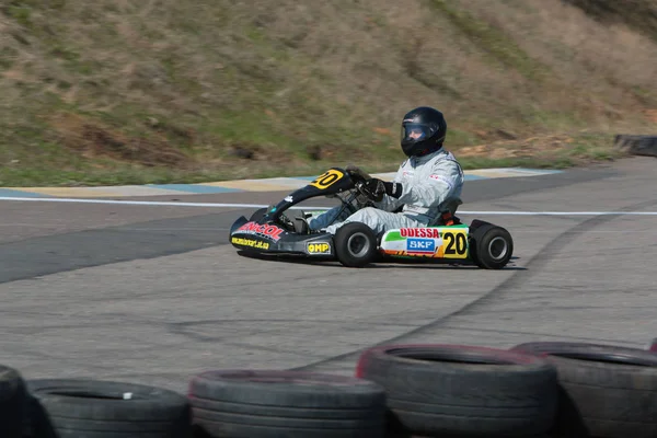 Odessa Ukraine Abril 2017 Campeonato Karting Pilotos Kart Capacete Terno — Fotografia de Stock