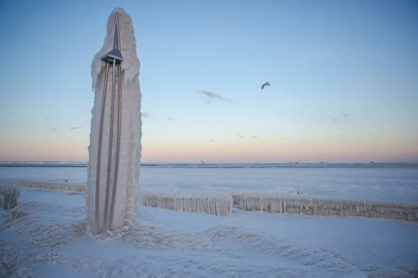 Catastrophe Naturelle Hivernale Glace Promenade Maritime Après Tempête Hivernale — Photo