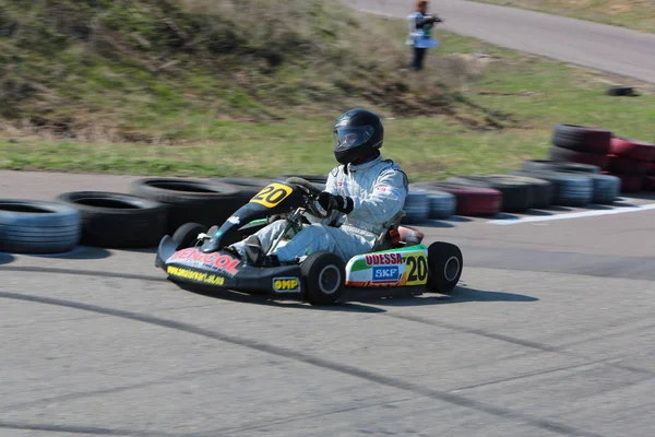 Odessa Ukraine Abril 2017 Campeonato Karting Pilotos Kart Capacete Terno — Fotografia de Stock