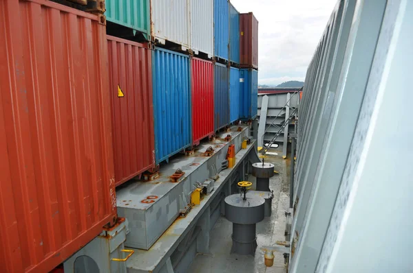 Containerschiff Deck Teil Des Schiffes Aus Nächster Nähe — Stockfoto