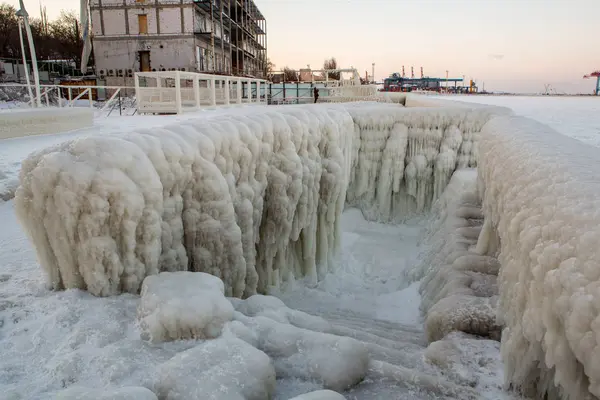 Catastrophe Naturelle Hivernale Glace Promenade Maritime Après Tempête Hivernale — Photo