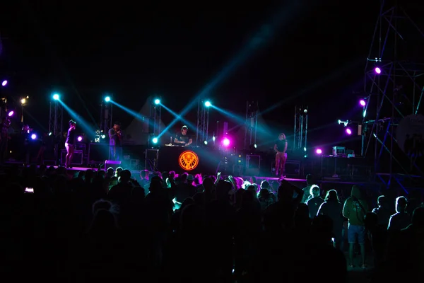 Silhuetas Multidão Concerto Frente Luzes Palco Brilhantes Festival Livre Noite — Fotografia de Stock