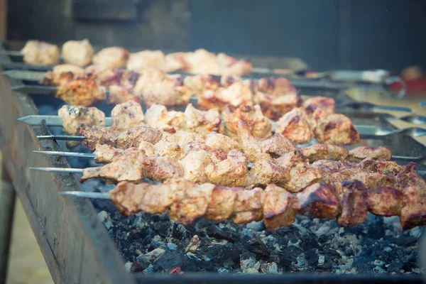 Gros Plan Sur Barbecue Kebab Frit Viande Porc — Photo