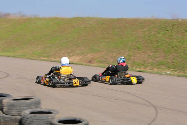 Odessa Ukraine Abril 2017 Campeonato Karting Pilotos Kart Capacete Terno — Fotografia de Stock