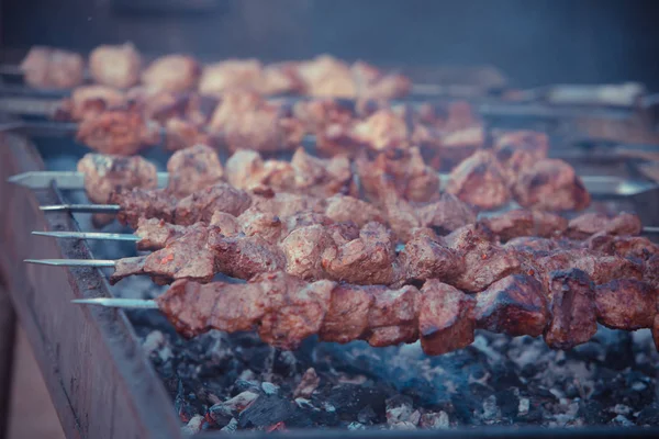 Gros Plan Sur Barbecue Kebab Frit Viande Porc — Photo