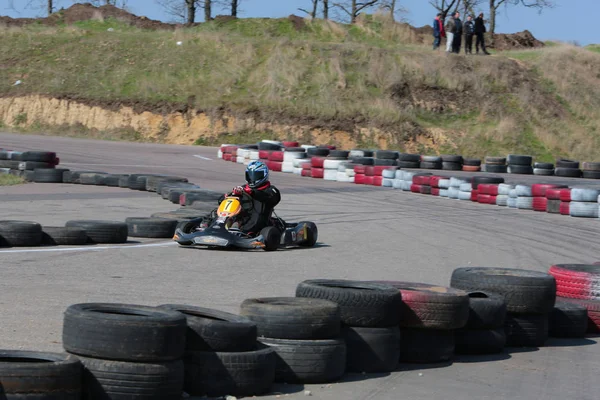 Odessa Ucrania Abril 2017 Campeonato Karting Pilotos Karts Casco Traje —  Fotos de Stock