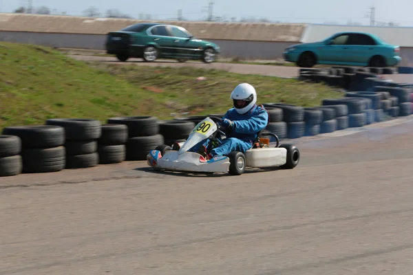 Odessa Ukraine Abril 2017 Campeonato Karting Pilotos Kart Capacete Terno — Fotografia de Stock