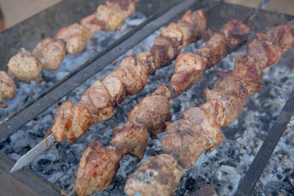 Close Barbecue Fried Kebab Pork Meat — Stock Photo, Image