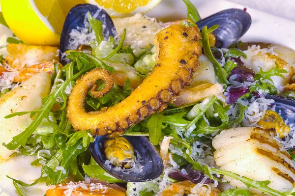 Tutup Salad Dengan Makanan Laut — Stok Foto