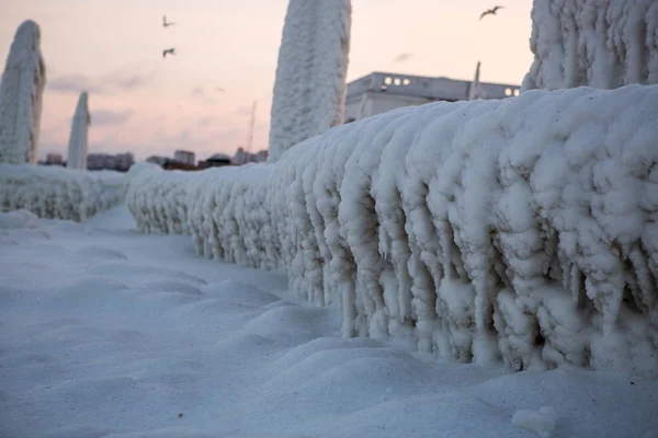 Catastrophe Naturelle Hivernale Glace Promenade Maritime Après Tempête Hivernale — Photo