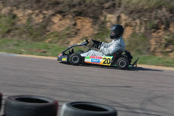 Odessa Ucrania Abril 2017 Campeonato Karting Pilotos Karts Casco Traje — Foto de Stock