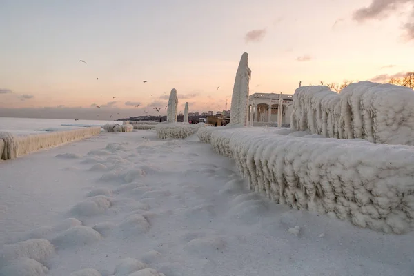 Catastrophe Naturelle Hivernale Glace Promenade Maritime Après Tempête Hivernale — Photo