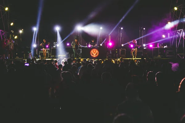 Siluetas Multitud Conciertos Frente Las Luces Del Escenario Brillantes Fiesta — Foto de Stock