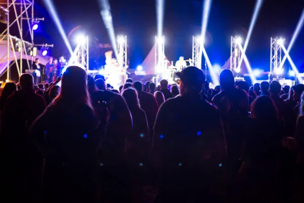 Foule Lève Main Profite Grande Fête Festival Concert Rock Silhouettes — Photo
