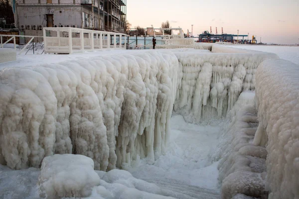 Catastrophe Naturelle Hivernale Glace Promenade Maritime Après Tempête Hivernale — Photo