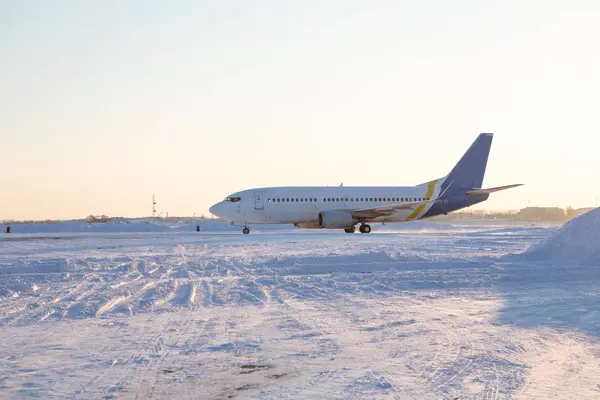 Vista Avião Pista Aeroporto Nevasca — Fotografia de Stock