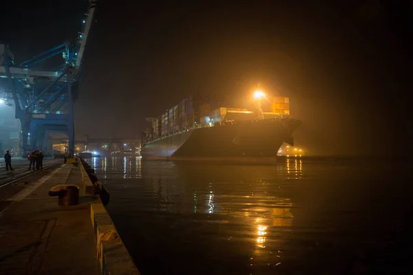 Containrar Lastning Med Kran Night Port — Stockfoto