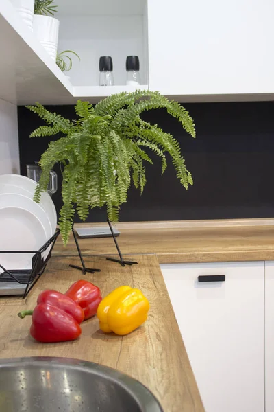 Modern white u-shaped kitchen in scandinavian style. Open shelves in the kitchen with plants and jars. Spring decoration