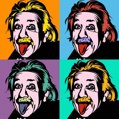 Albert Einstein 'ın portresi. Fizikçi, kimyager ve matematikçi. Vektör pop sanat arka planı