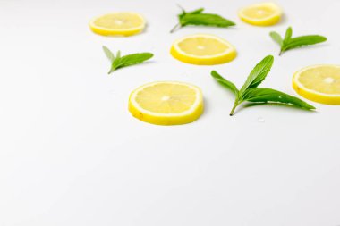 Nane ve limon deseni. Turunçgilli yemek geçmişi. Nane yaprakları, beyaz arka planda izole edilmiş limon dilimleri. Üst manzara, düz uzanma