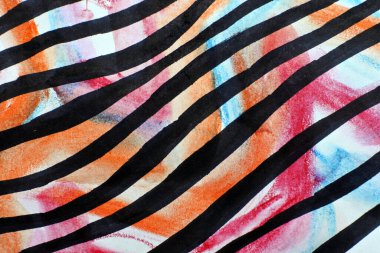 Çizgili kumaş dokusu. Çok renkli bir arkaplanda siyah dalgalar. Turuncu, pembe ve mavi noktalar ve siyah çizgiler.