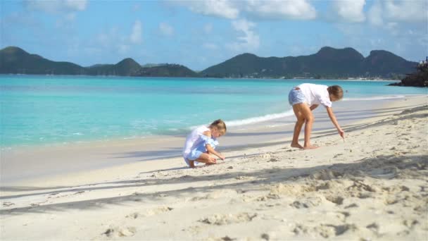 Küçük kızlar yaz tatilinde tropik plajda eğleniyorlar. Birlikte oynuyorlar. — Stok video