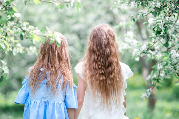 Imádnivaló kislányok a virágzó almafakertben tavasszal — Stock Fotó