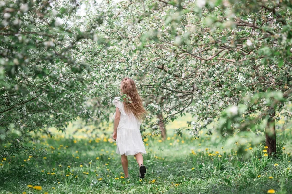 Adorable niña en el jardín de manzanas en flor en hermoso día de primavera —  Fotos de Stock