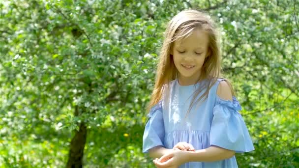 Niña en el jardín de manzanos en flor en el día de primavera juega con la mariquita — Vídeos de Stock