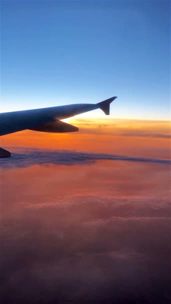 Φτερό ενός αεροπλάνου που πετούν πάνω από τα σύννεφα στο πολύχρωμο ουρανό — Αρχείο Βίντεο