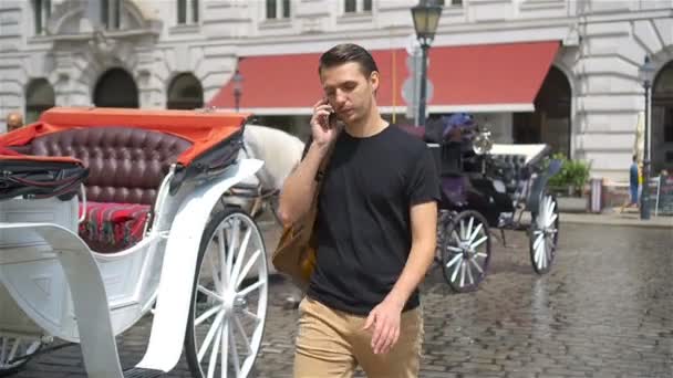 Турист, наслаждающийся прогулкой по Вене и смотрящий на красивых лошадей в карете — стоковое видео
