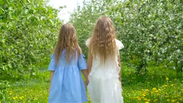 Söt liten flicka i blommande äppelträdgård på vacker vårdag — Stockvideo