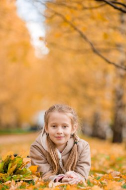 Güzel, sıcak bir günde, sonbaharda sarı yapraklı, sevimli küçük bir kızın portresi.
