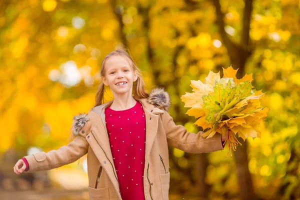 Portret uroczej dziewczynki z żółtymi liśćmi jesienią — Zdjęcie stockowe