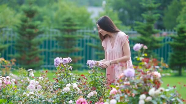 Jeune fille dans un jardin de fleurs parmi de belles roses. Odeur de roses — Video