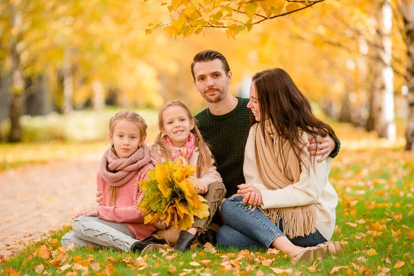 Família Jovem Com Crianças Pequenas Parque Outono Dia Ensolarado Retrato — Fotografia de Stock