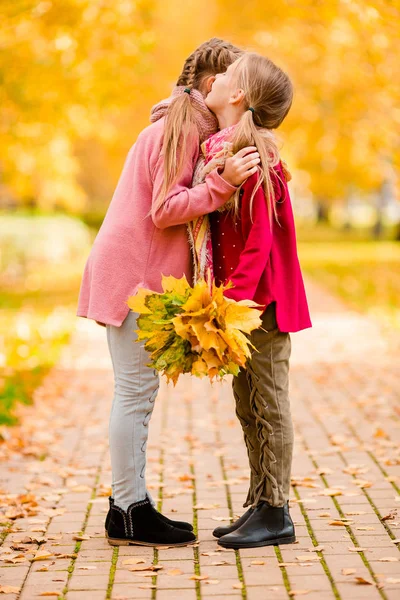 Schattige meisjes op warme dag in de herfst park buiten — Stockfoto