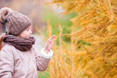 Dışarıda güzel bir sonbahar gününde sevimli küçük bir kız.