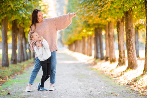 Jonge Moeder Met Schattig Klein Meisje Herfst Park Zonnige Dag — Stockfoto