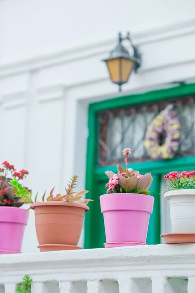 Macetas tradicionales griegas coloridas con flores en escalones en las calles del antiguo pueblo de Grecia —  Fotos de Stock