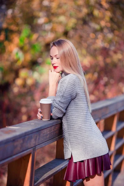 Herbstkonzept - schöne Frau trinkt Kaffee im Herbstpark unter Herbstlaub — Stockfoto